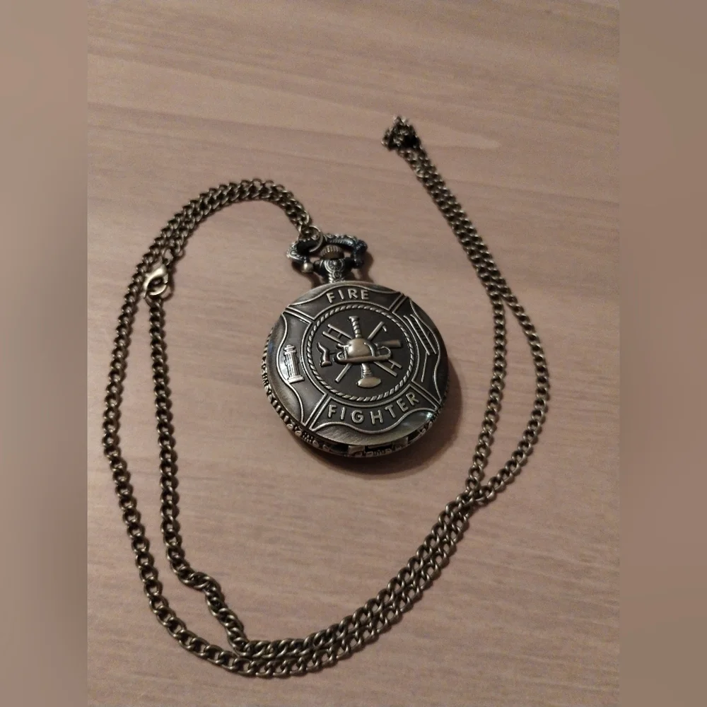 New Men's Firefighter Pocket Watch Necklace
